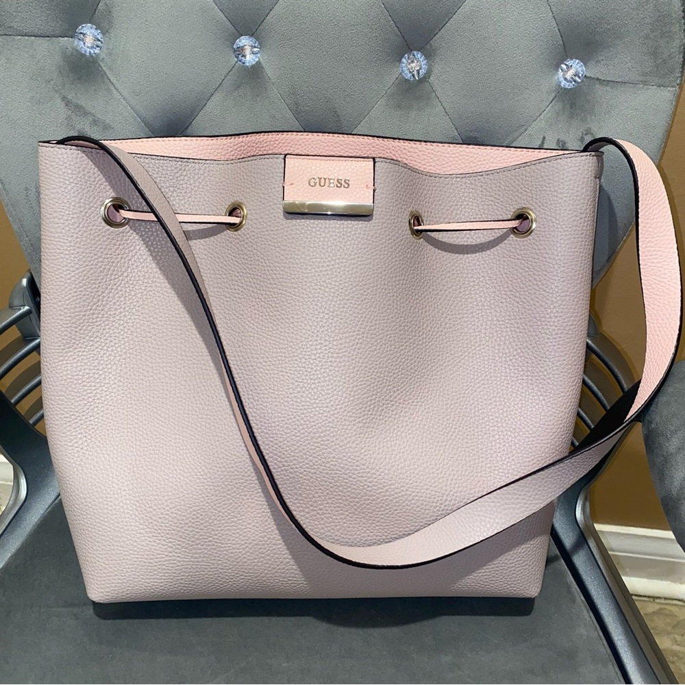 GUESS Bobbi Bucket Bag Powder Pink Grey Reversible Purse Handbag